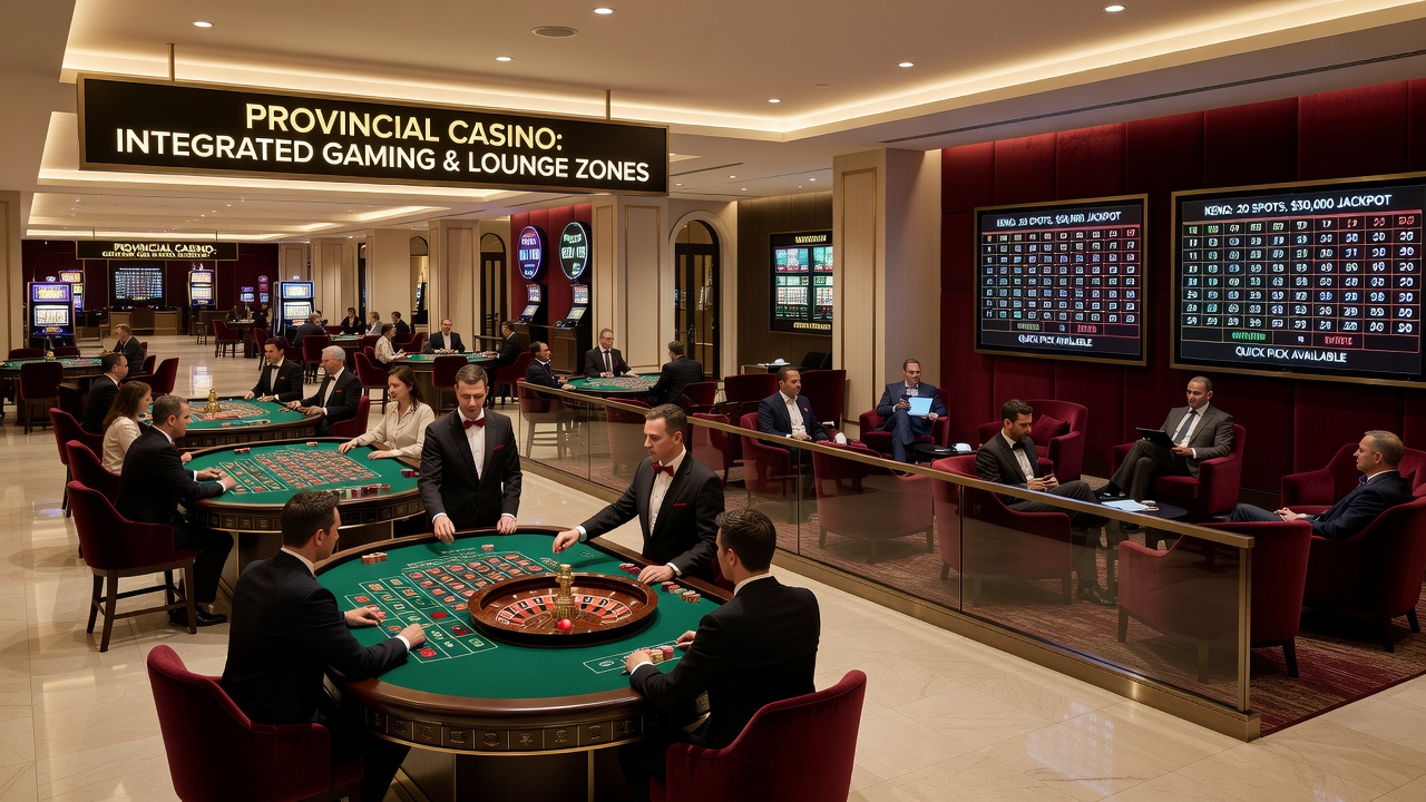 Interior view of a keno lounge connected directly to roulette tables within a larger provincial casino resort
