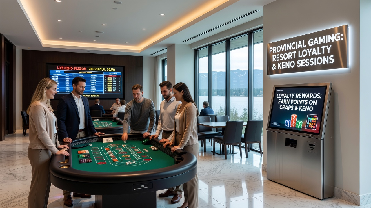 Keno lounge area at a provincial resort with digital boards and loyalty card readers