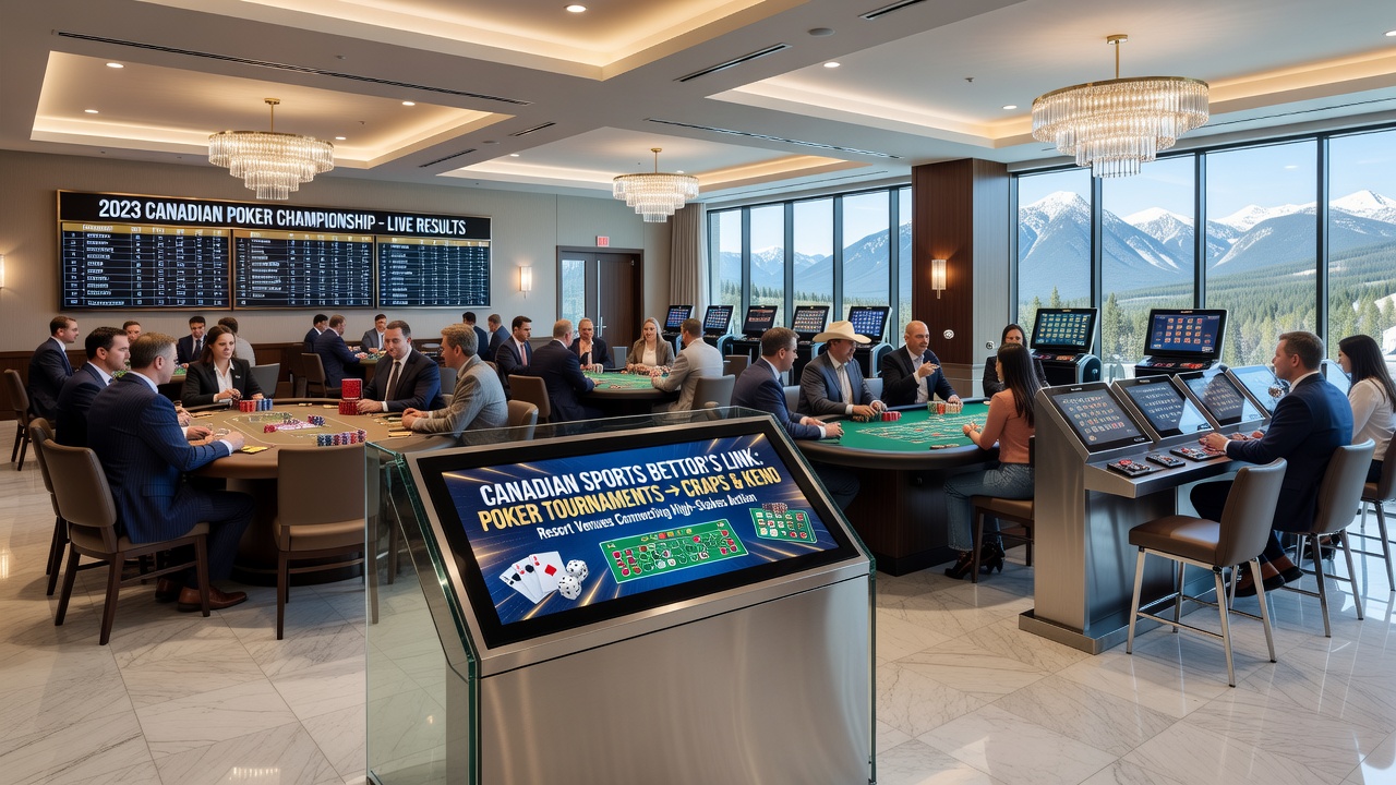 Canadian sports bettors at a resort sportsbook linked to adjacent poker and craps areas